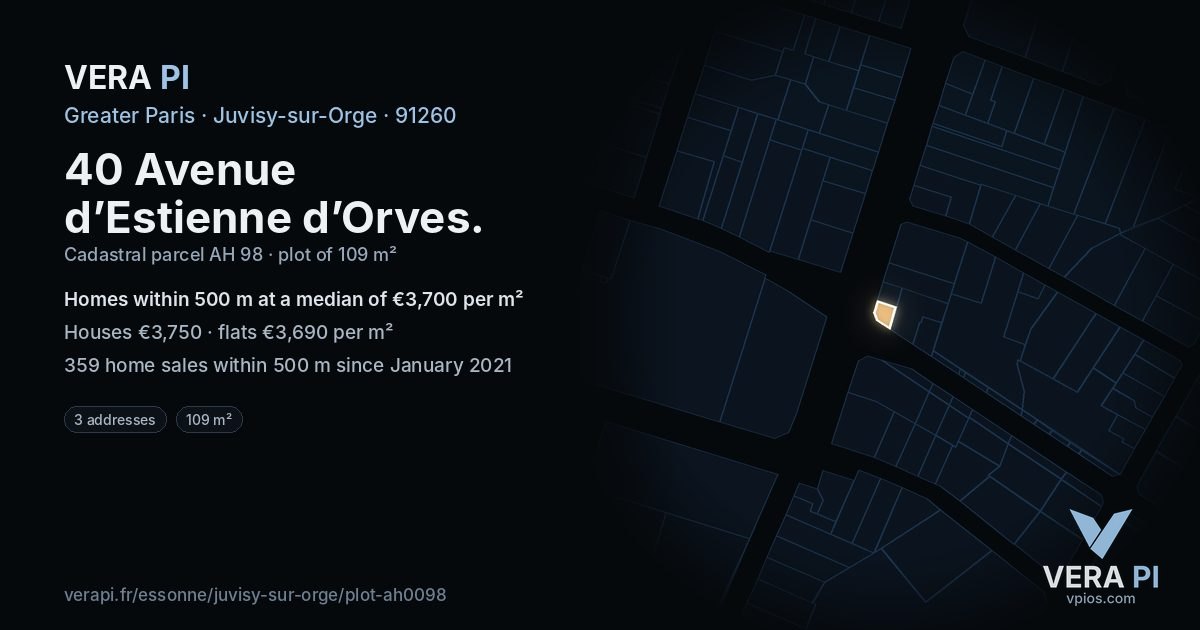 40 Avenue d’Estienne d’Orves, Juvisy-sur-Orge at night – the plot lit, the parcels around coloured by the prices near them