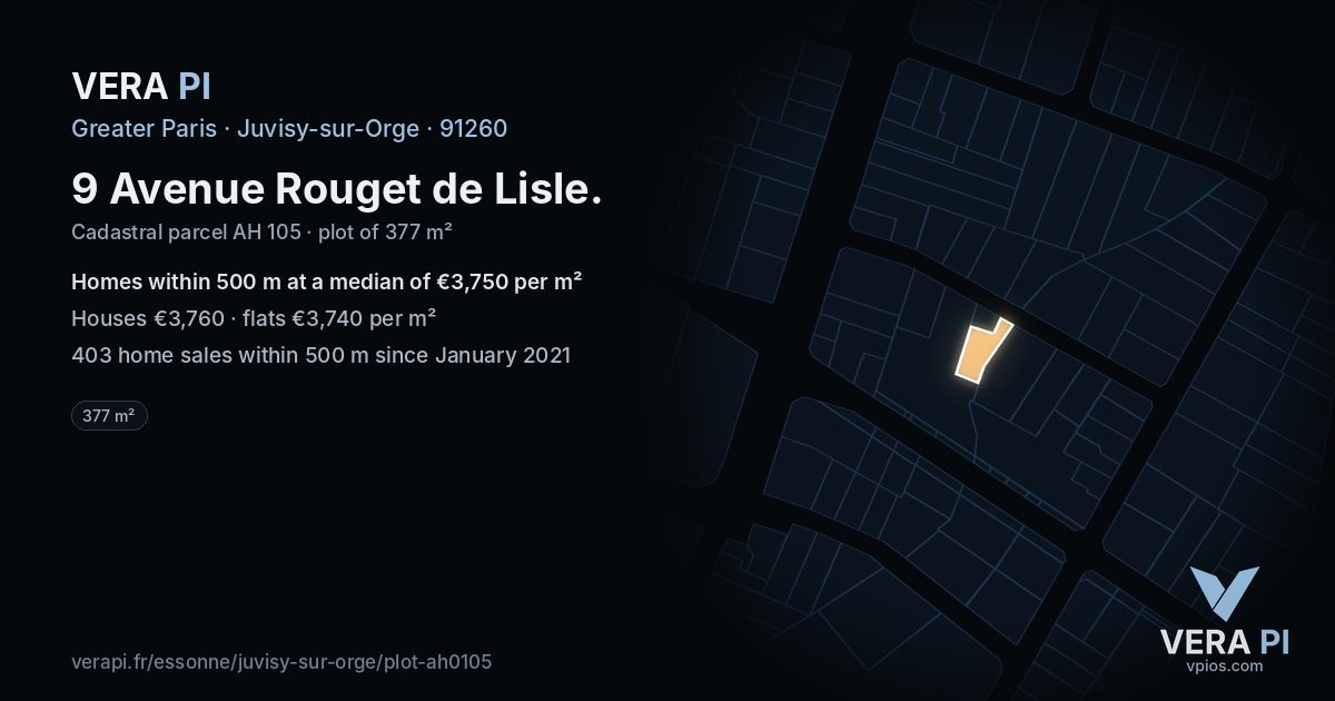 9 Avenue Rouget de Lisle, Juvisy-sur-Orge at night – the plot lit, the parcels around coloured by the prices near them