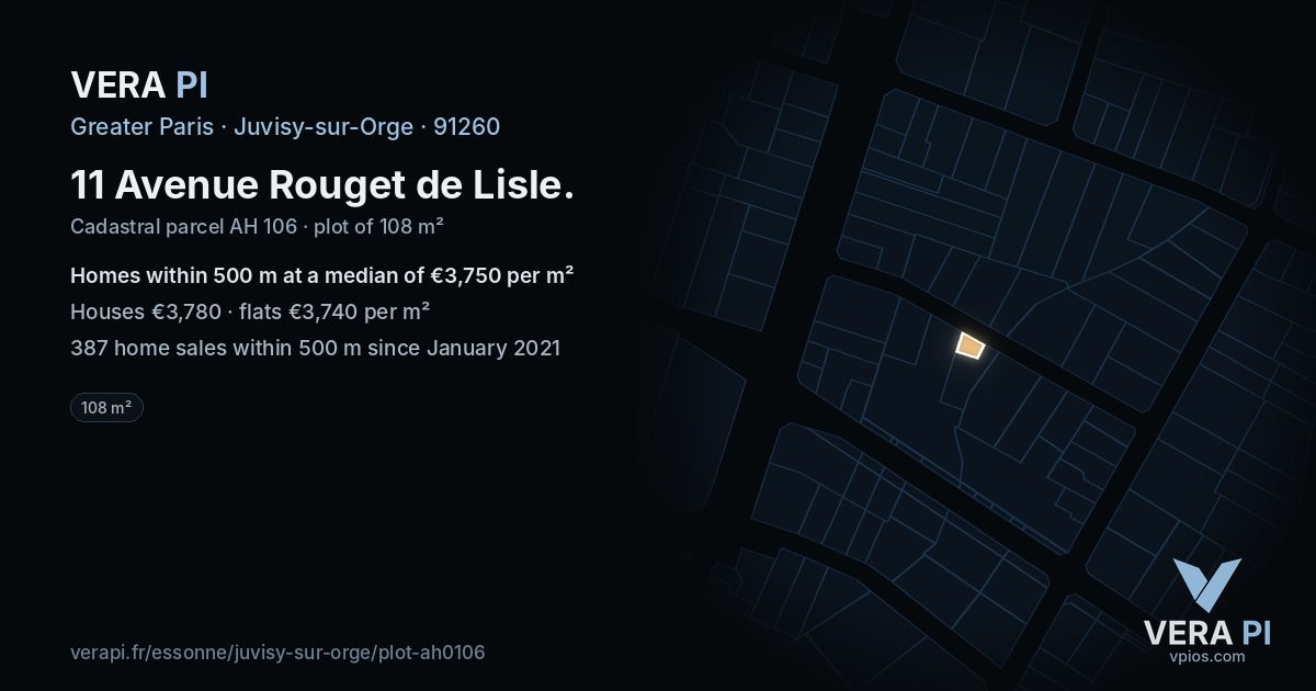 11 Avenue Rouget de Lisle, Juvisy-sur-Orge at night – the plot lit, the parcels around coloured by the prices near them
