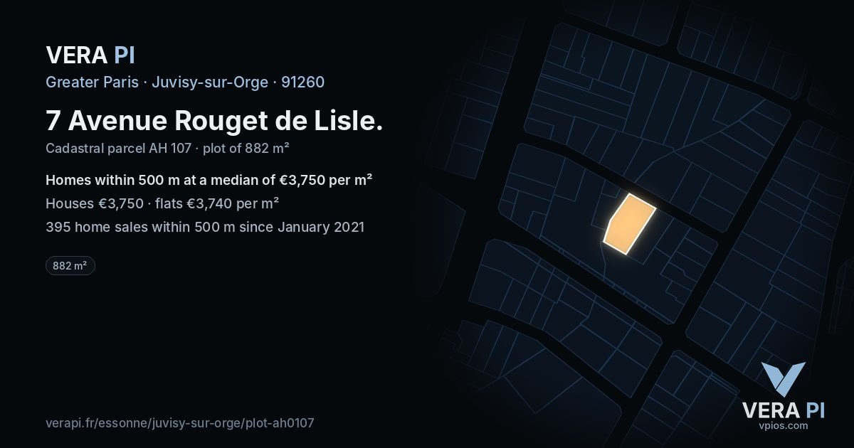7 Avenue Rouget de Lisle, Juvisy-sur-Orge at night – the plot lit, the parcels around coloured by the prices near them
