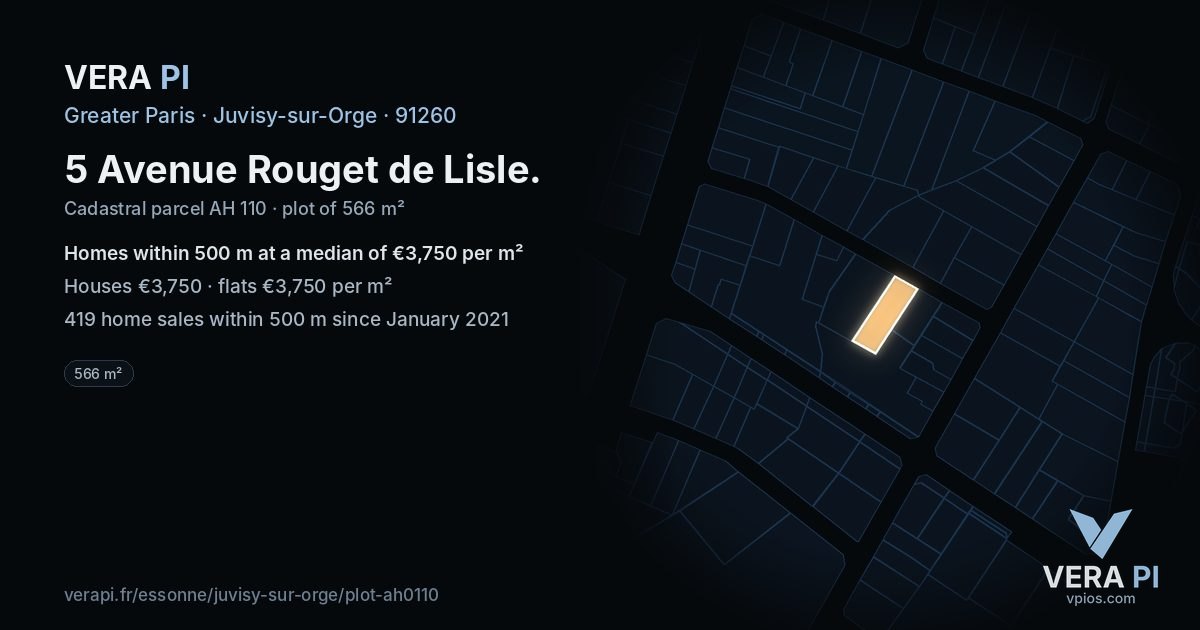 5 Avenue Rouget de Lisle, Juvisy-sur-Orge at night – the plot lit, the parcels around coloured by the prices near them