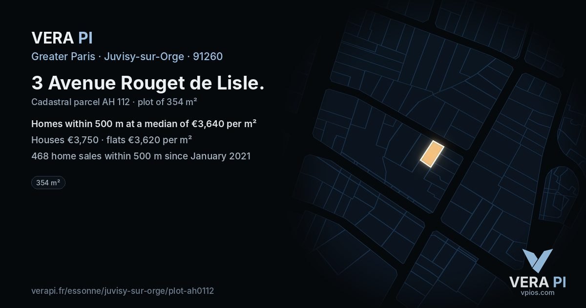 3 Avenue Rouget de Lisle, Juvisy-sur-Orge at night – the plot lit, the parcels around coloured by the prices near them
