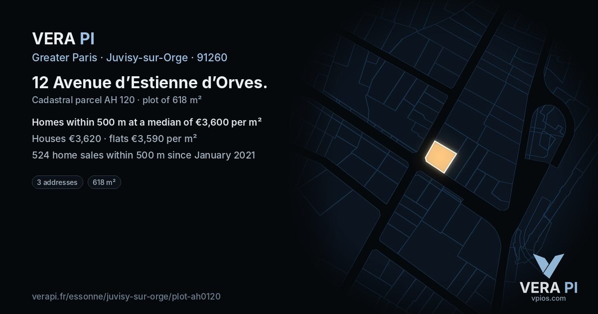 12 Avenue d’Estienne d’Orves, Juvisy-sur-Orge at night – the plot lit, the parcels around coloured by the prices near them