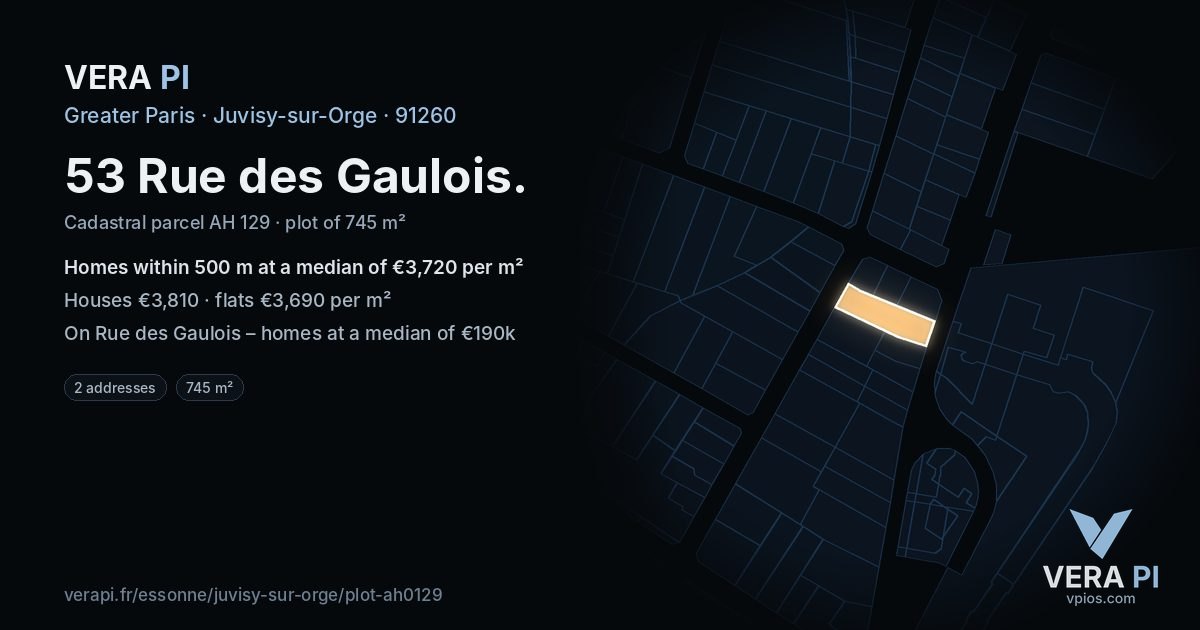 53 Rue des Gaulois, Juvisy-sur-Orge at night – the plot lit, the parcels around coloured by the prices near them
