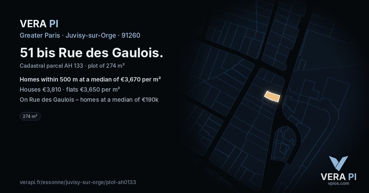51 bis Rue des Gaulois, Juvisy-sur-Orge at night – the plot lit, the parcels around coloured by the prices near them