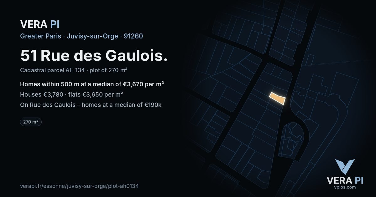 51 Rue des Gaulois, Juvisy-sur-Orge at night – the plot lit, the parcels around coloured by the prices near them
