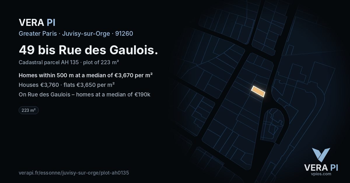 49 bis Rue des Gaulois, Juvisy-sur-Orge at night – the plot lit, the parcels around coloured by the prices near them