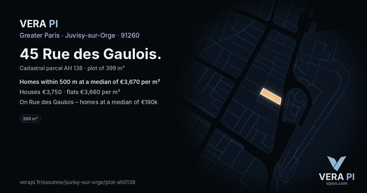 45 Rue des Gaulois, Juvisy-sur-Orge at night – the plot lit, the parcels around coloured by the prices near them