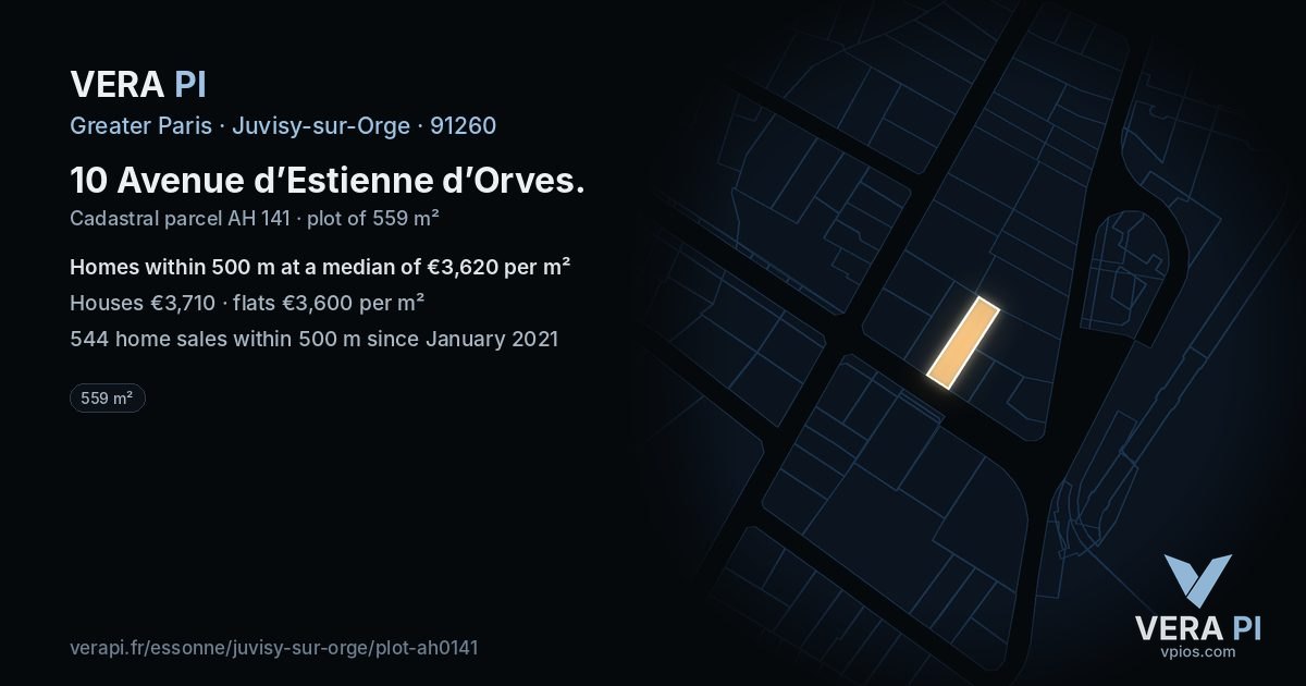 10 Avenue d’Estienne d’Orves, Juvisy-sur-Orge at night – the plot lit, the parcels around coloured by the prices near them