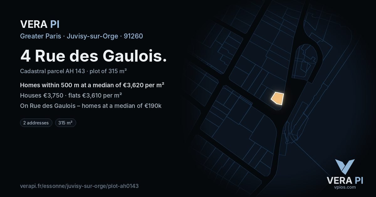 4 Rue des Gaulois, Juvisy-sur-Orge at night – the plot lit, the parcels around coloured by the prices near them