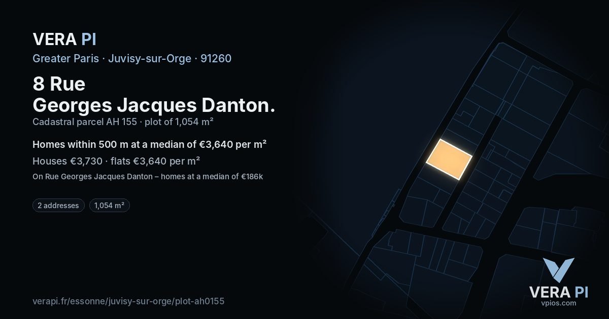 8 Rue Georges Jacques Danton, Juvisy-sur-Orge at night – the plot lit, the parcels around coloured by the prices near them