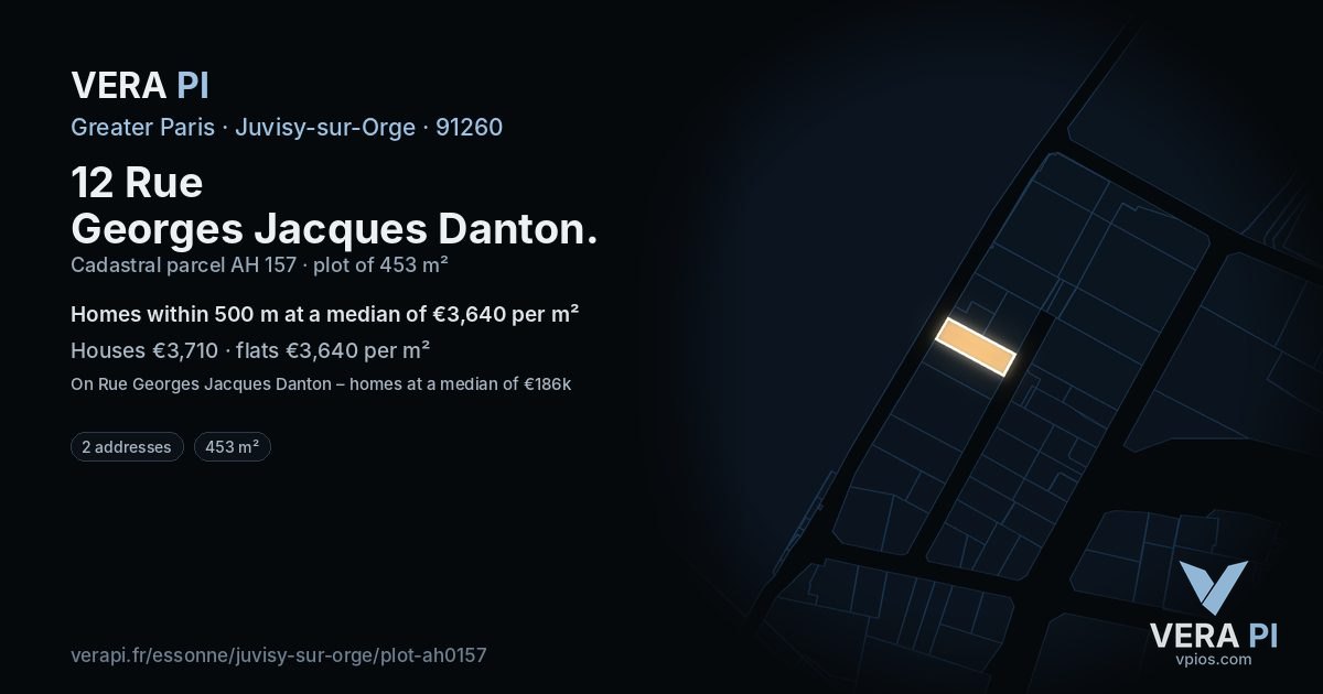 12 Rue Georges Jacques Danton, Juvisy-sur-Orge at night – the plot lit, the parcels around coloured by the prices near them