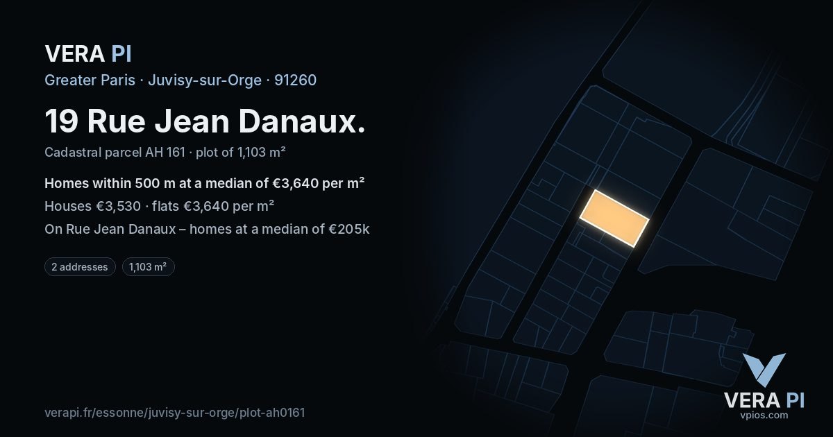 19 Rue Jean Danaux, Juvisy-sur-Orge at night – the plot lit, the parcels around coloured by the prices near them