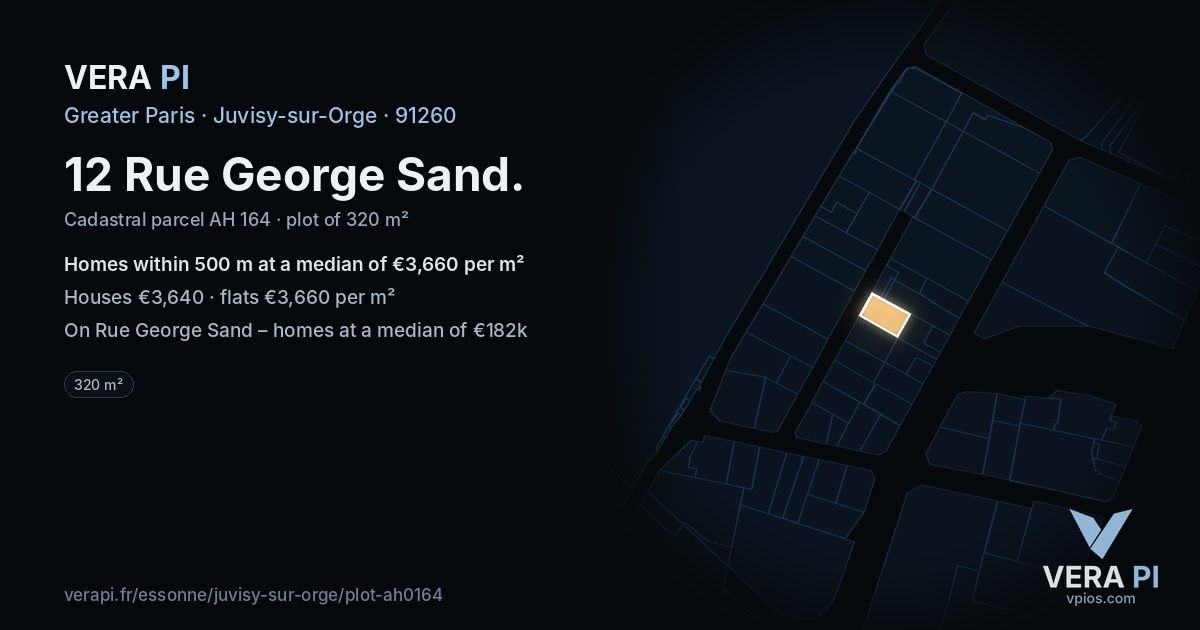 12 Rue George Sand, Juvisy-sur-Orge at night – the plot lit, the parcels around coloured by the prices near them