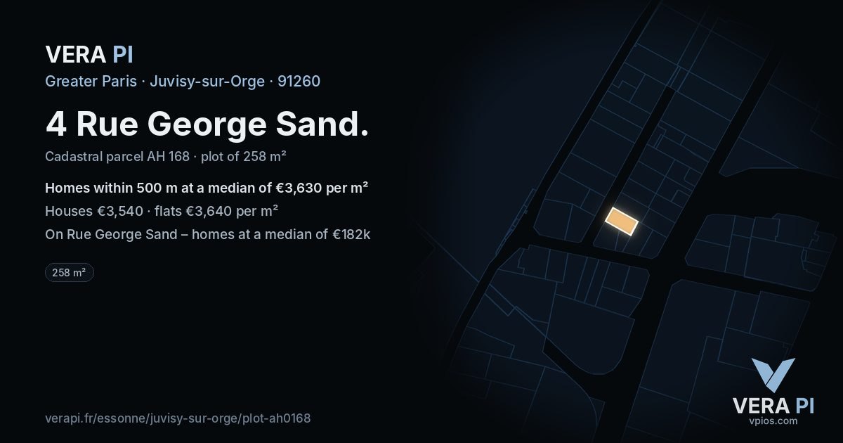 4 Rue George Sand, Juvisy-sur-Orge at night – the plot lit, the parcels around coloured by the prices near them