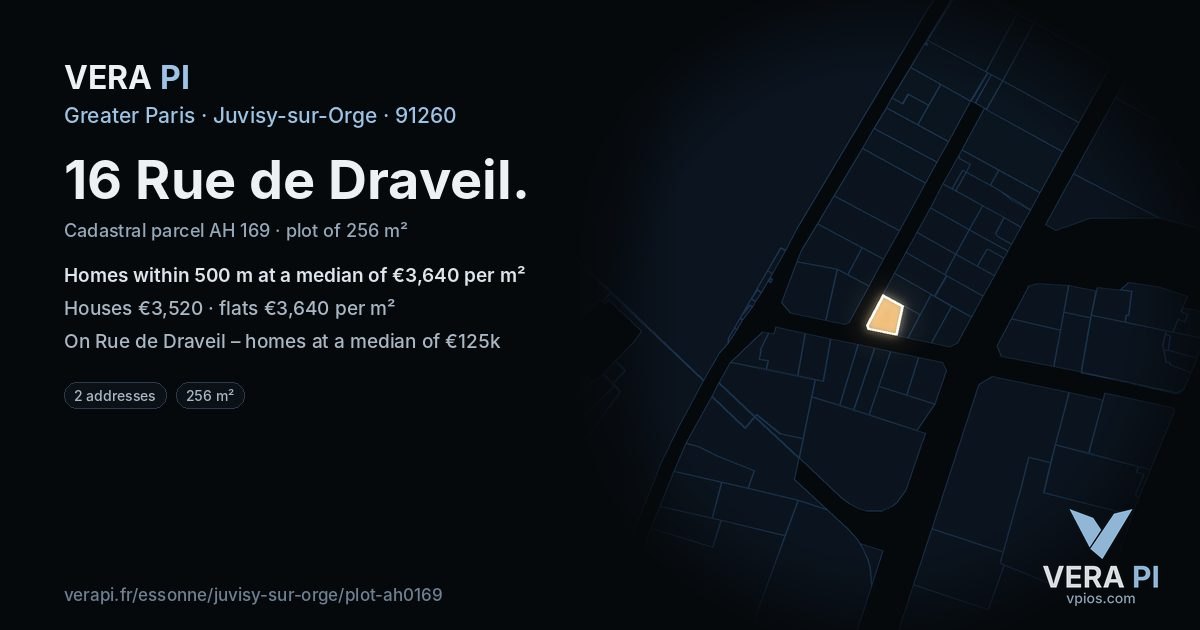 16 Rue de Draveil, Juvisy-sur-Orge at night – the plot lit, the parcels around coloured by the prices near them