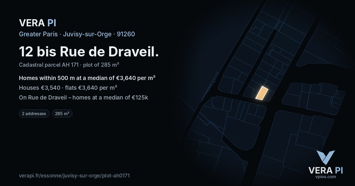 12 bis Rue de Draveil, Juvisy-sur-Orge at night – the plot lit, the parcels around coloured by the prices near them