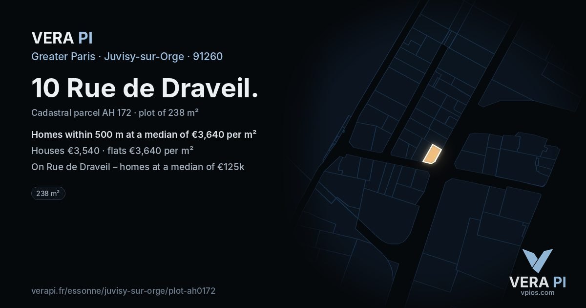 10 Rue de Draveil, Juvisy-sur-Orge at night – the plot lit, the parcels around coloured by the prices near them