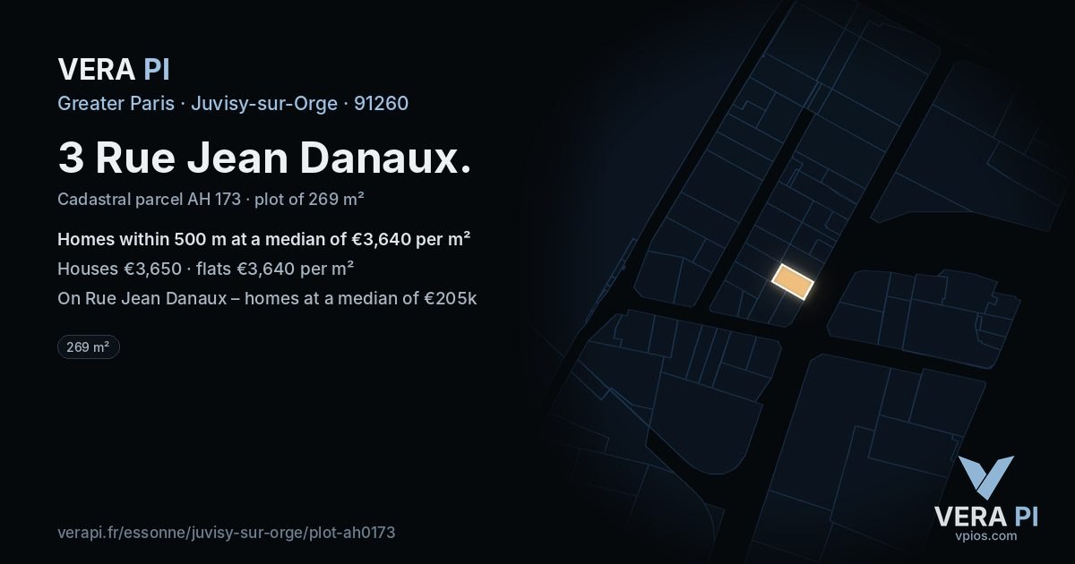 3 Rue Jean Danaux, Juvisy-sur-Orge at night – the plot lit, the parcels around coloured by the prices near them