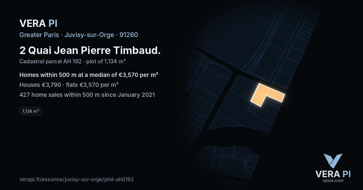 2 Quai Jean Pierre Timbaud, Juvisy-sur-Orge at night – the plot lit, the parcels around coloured by the prices near them