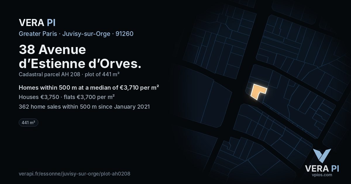 38 Avenue d’Estienne d’Orves, Juvisy-sur-Orge at night – the plot lit, the parcels around coloured by the prices near them