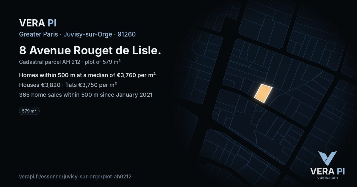 8 Avenue Rouget de Lisle, Juvisy-sur-Orge at night – the plot lit, the parcels around coloured by the prices near them