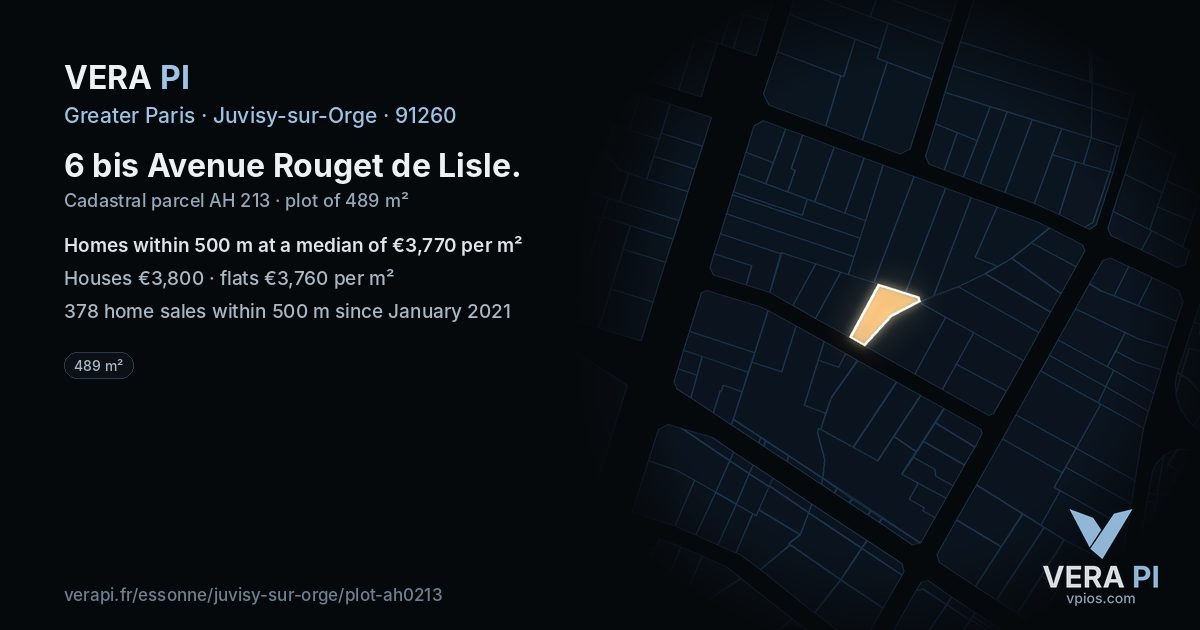 6 bis Avenue Rouget de Lisle, Juvisy-sur-Orge at night – the plot lit, the parcels around coloured by the prices near them