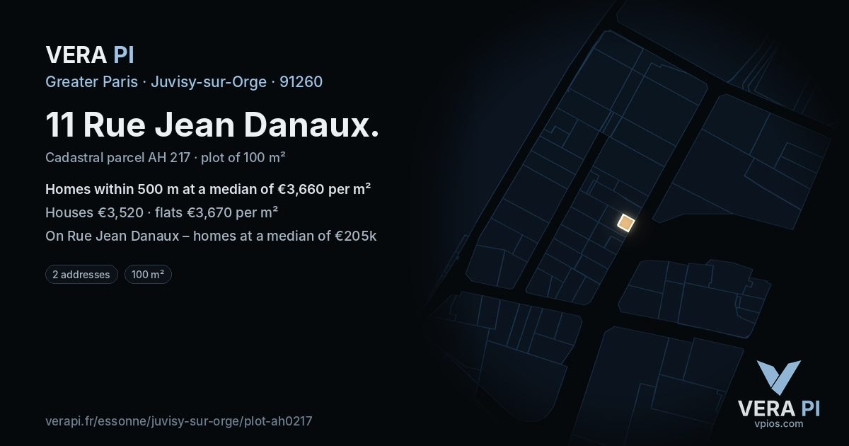 11 Rue Jean Danaux, Juvisy-sur-Orge at night – the plot lit, the parcels around coloured by the prices near them