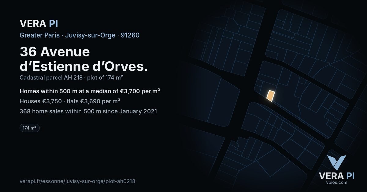 36 Avenue d’Estienne d’Orves, Juvisy-sur-Orge at night – the plot lit, the parcels around coloured by the prices near them