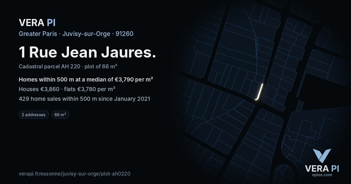1 Rue Jean Jaures, Juvisy-sur-Orge at night – the plot lit, the parcels around coloured by the prices near them