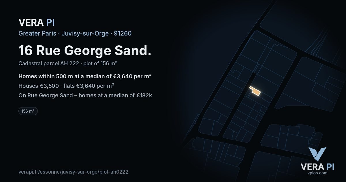 16 Rue George Sand, Juvisy-sur-Orge at night – the plot lit, the parcels around coloured by the prices near them