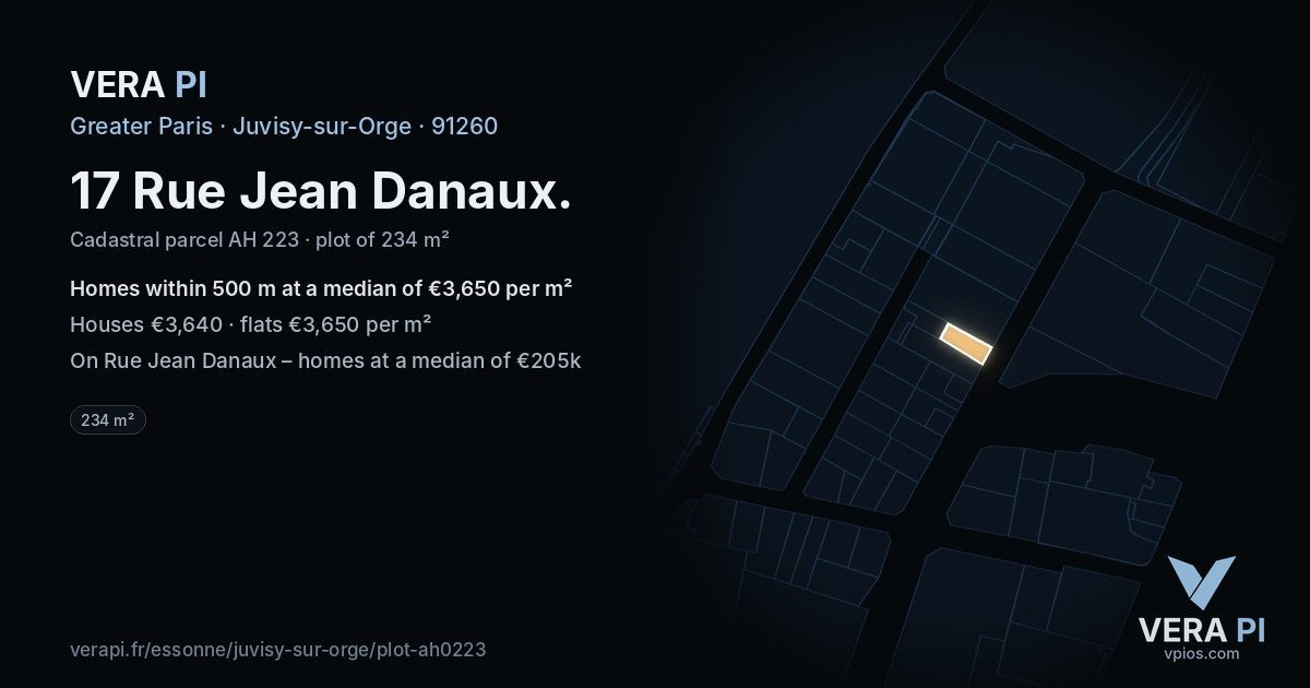 17 Rue Jean Danaux, Juvisy-sur-Orge at night – the plot lit, the parcels around coloured by the prices near them