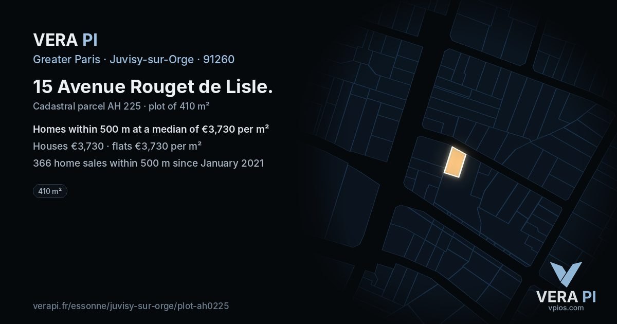 15 Avenue Rouget de Lisle, Juvisy-sur-Orge at night – the plot lit, the parcels around coloured by the prices near them