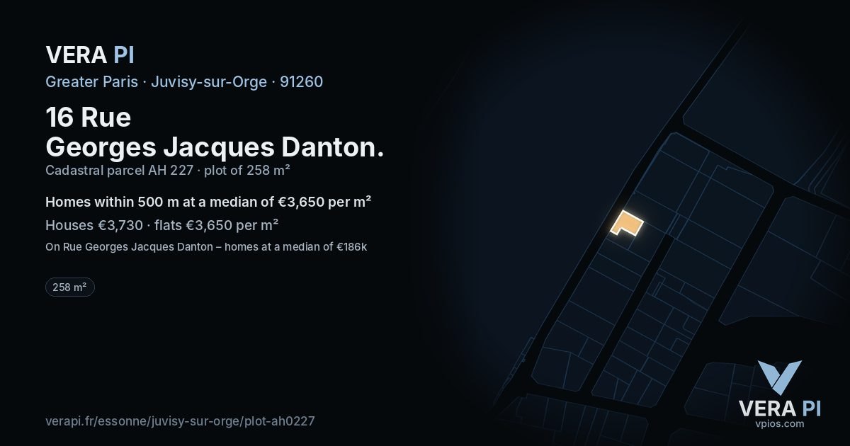 16 Rue Georges Jacques Danton, Juvisy-sur-Orge at night – the plot lit, the parcels around coloured by the prices near them