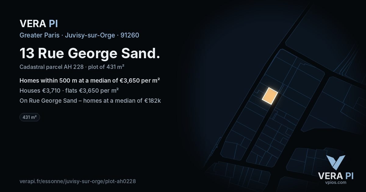 13 Rue George Sand, Juvisy-sur-Orge at night – the plot lit, the parcels around coloured by the prices near them