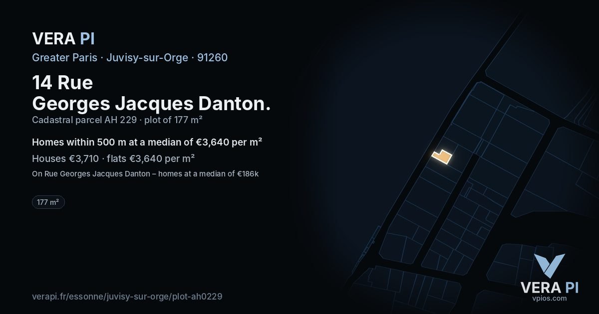 14 Rue Georges Jacques Danton, Juvisy-sur-Orge at night – the plot lit, the parcels around coloured by the prices near them