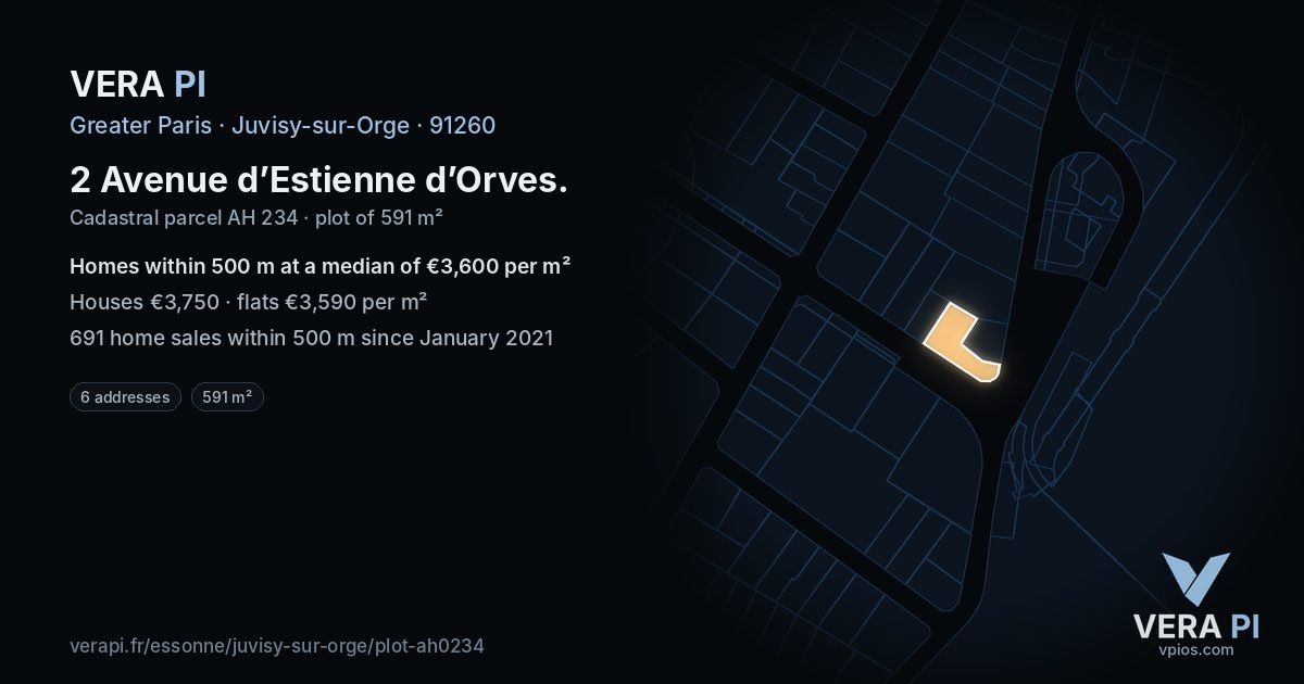 2 Avenue d’Estienne d’Orves, Juvisy-sur-Orge at night – the plot lit, the parcels around coloured by the prices near them