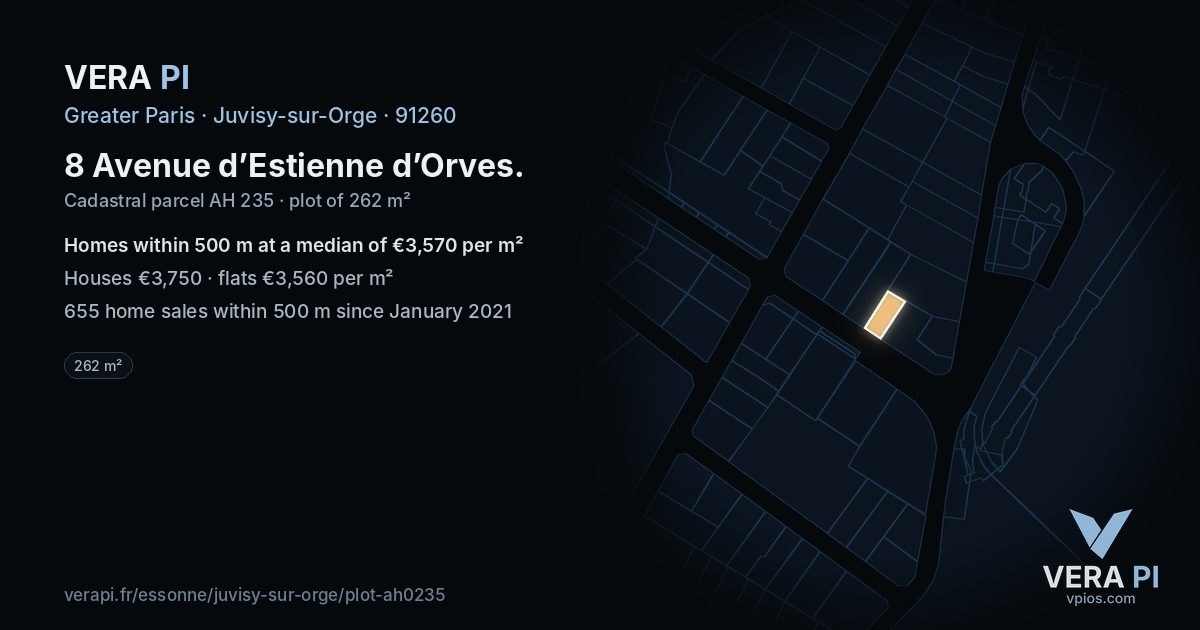 8 Avenue d’Estienne d’Orves, Juvisy-sur-Orge at night – the plot lit, the parcels around coloured by the prices near them