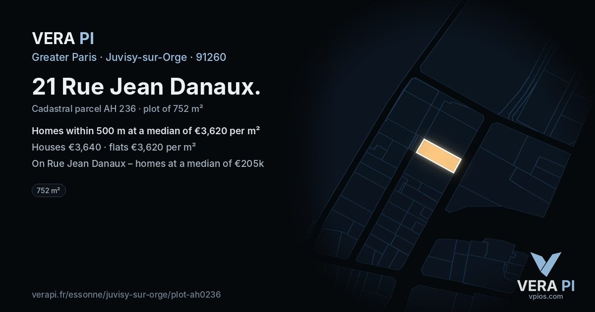 21 Rue Jean Danaux, Juvisy-sur-Orge at night – the plot lit, the parcels around coloured by the prices near them