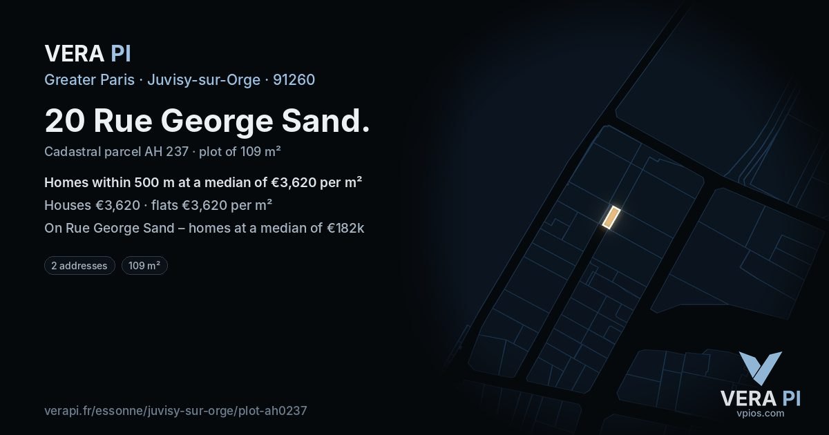 20 Rue George Sand, Juvisy-sur-Orge at night – the plot lit, the parcels around coloured by the prices near them