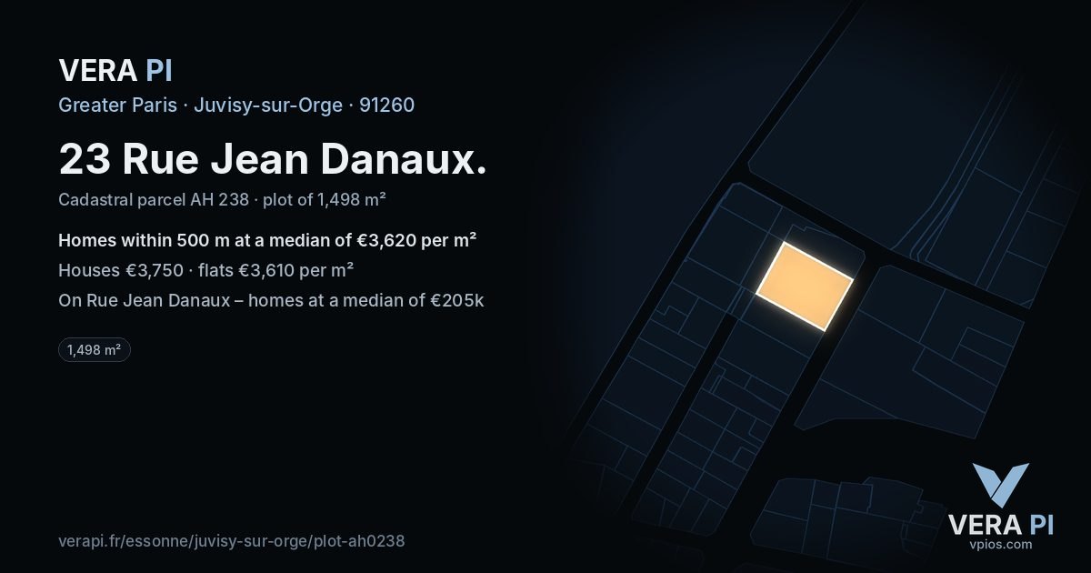 23 Rue Jean Danaux, Juvisy-sur-Orge at night – the plot lit, the parcels around coloured by the prices near them