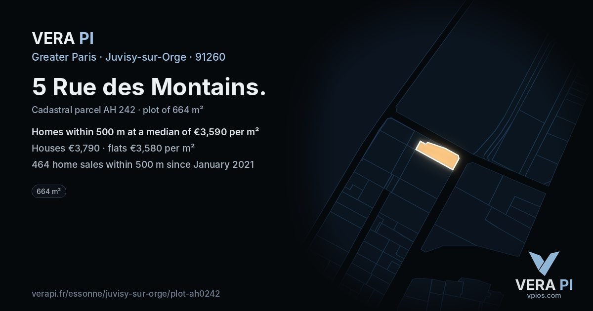 5 Rue des Montains, Juvisy-sur-Orge at night – the plot lit, the parcels around coloured by the prices near them
