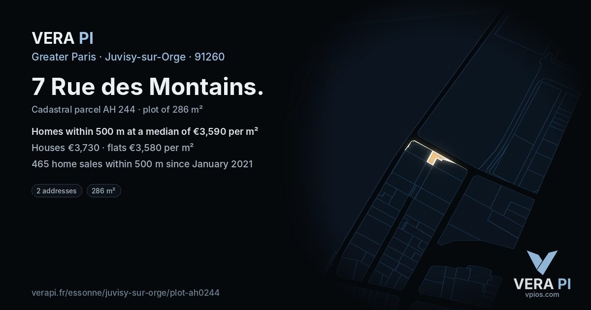 7 Rue des Montains, Juvisy-sur-Orge at night – the plot lit, the parcels around coloured by the prices near them