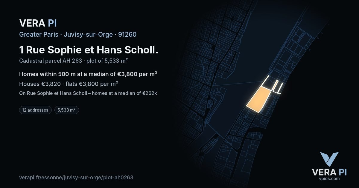 1 Rue Sophie et Hans Scholl, Juvisy-sur-Orge at night – the plot lit, the parcels around coloured by the prices near them