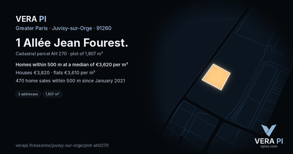 1 Allée Jean Fourest, Juvisy-sur-Orge at night – the plot lit, the parcels around coloured by the prices near them