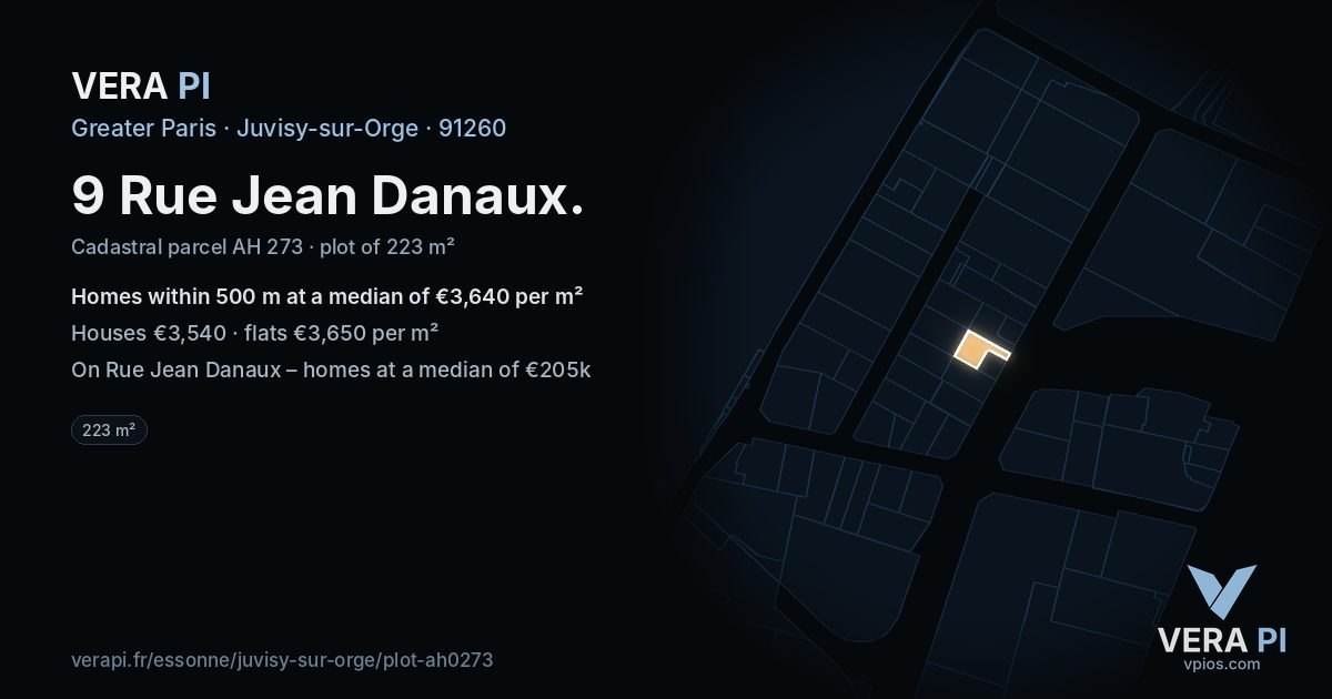 9 Rue Jean Danaux, Juvisy-sur-Orge at night – the plot lit, the parcels around coloured by the prices near them