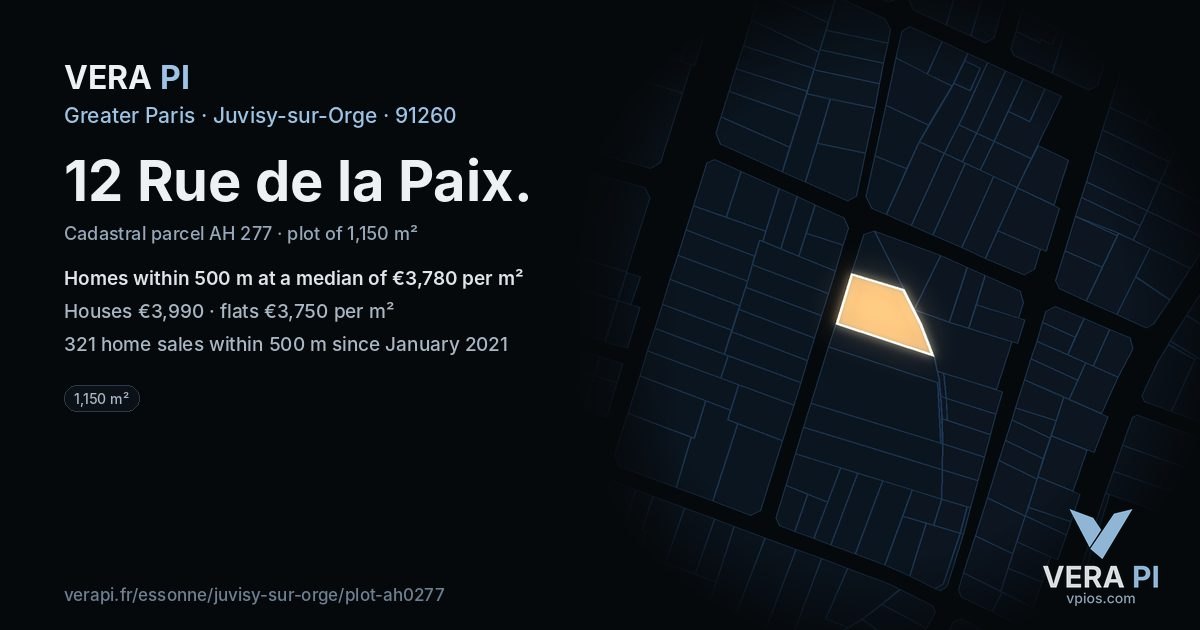 12 Rue de la Paix, Juvisy-sur-Orge at night – the plot lit, the parcels around coloured by the prices near them