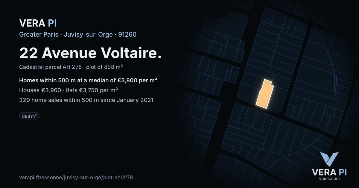 22 Avenue Voltaire, Juvisy-sur-Orge at night – the plot lit, the parcels around coloured by the prices near them