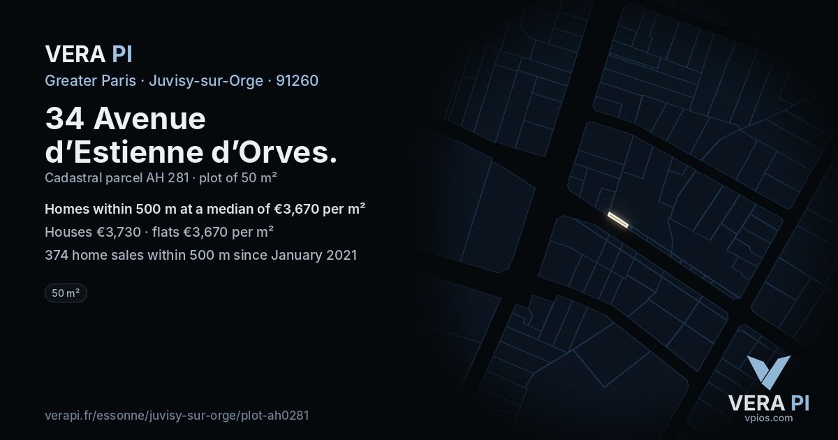 34 Avenue d’Estienne d’Orves, Juvisy-sur-Orge at night – the plot lit, the parcels around coloured by the prices near them