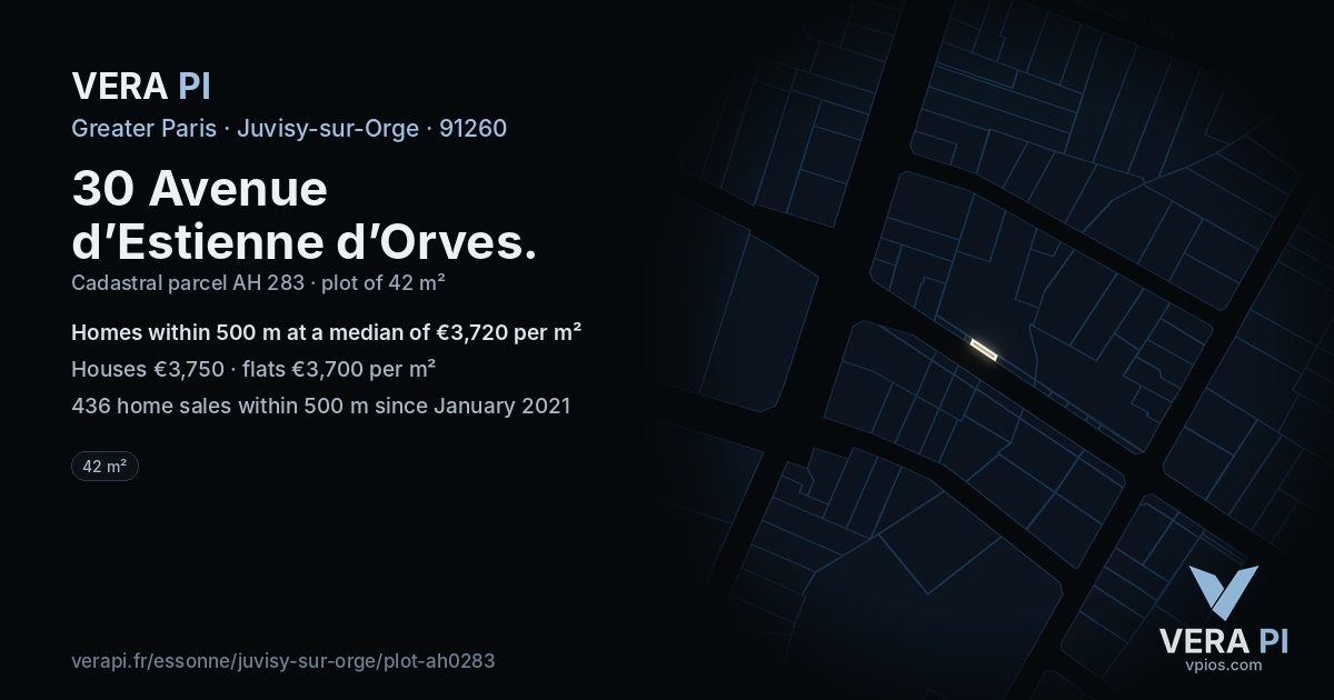 30 Avenue d’Estienne d’Orves, Juvisy-sur-Orge at night – the plot lit, the parcels around coloured by the prices near them